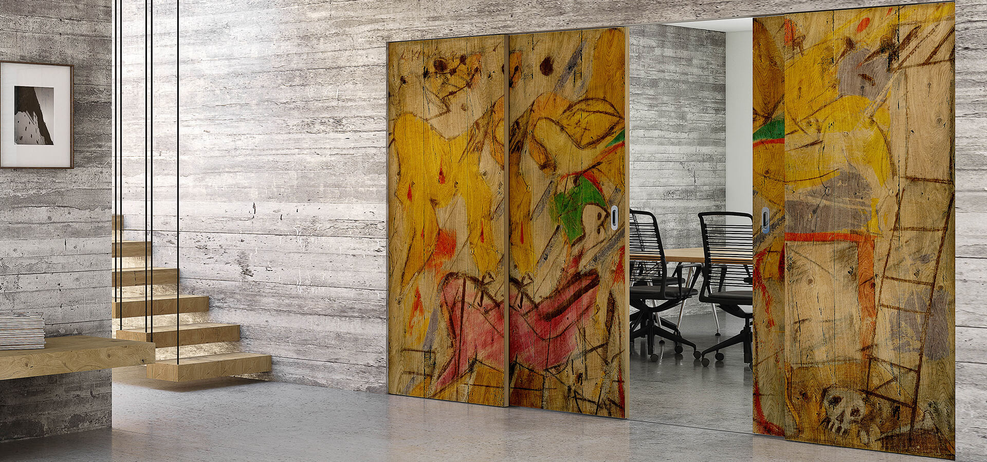 Abstract square personalized sliding door in wood