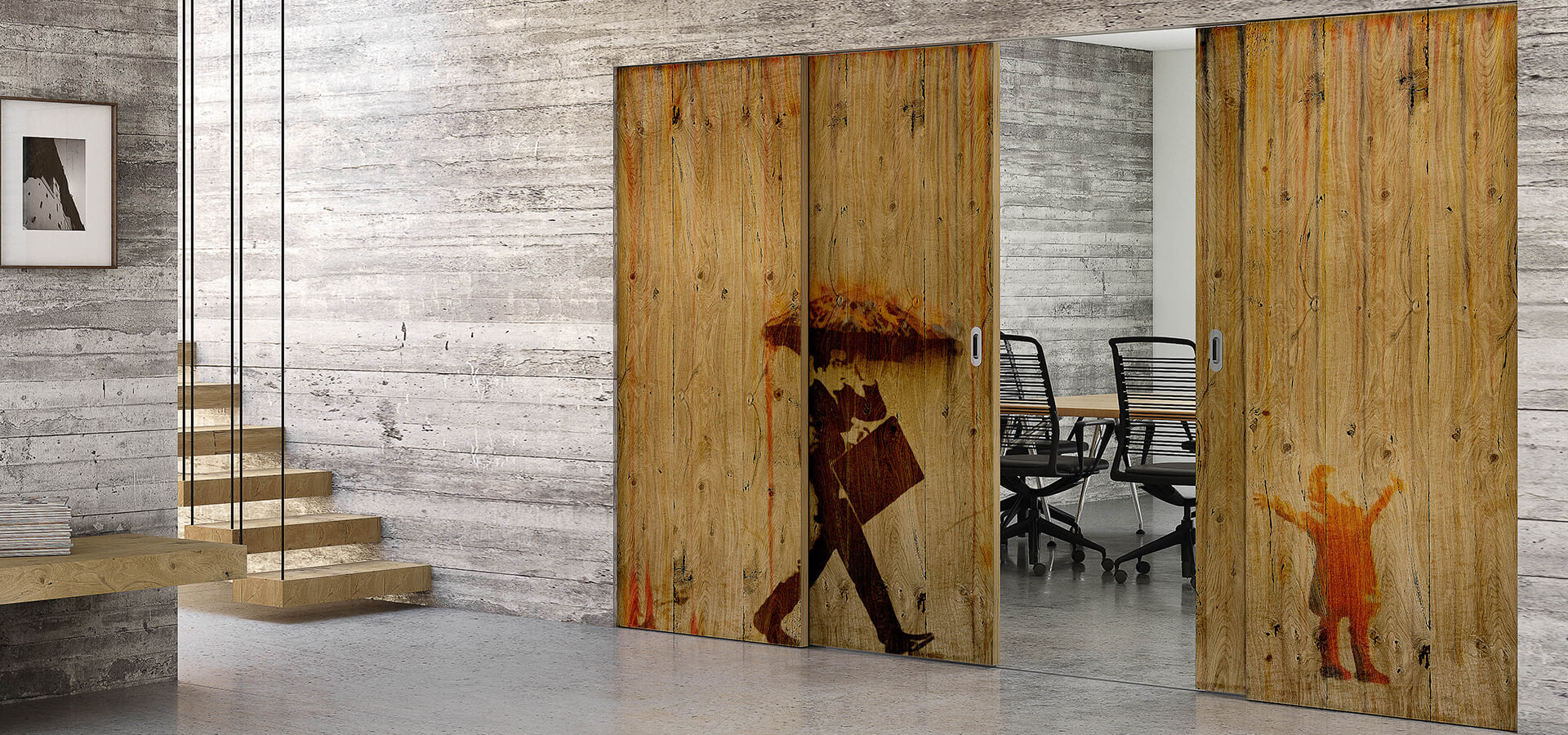 Banksy sliding doors in custom wood with umbrella man and rainbow rain girl