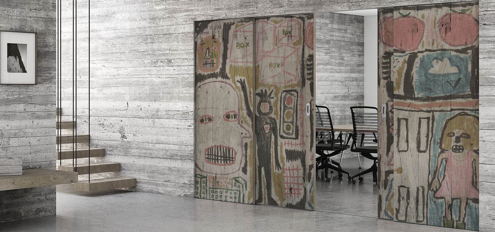 Porta ante scorrevoli in legno personalizzata fantasia murales conteporaneo