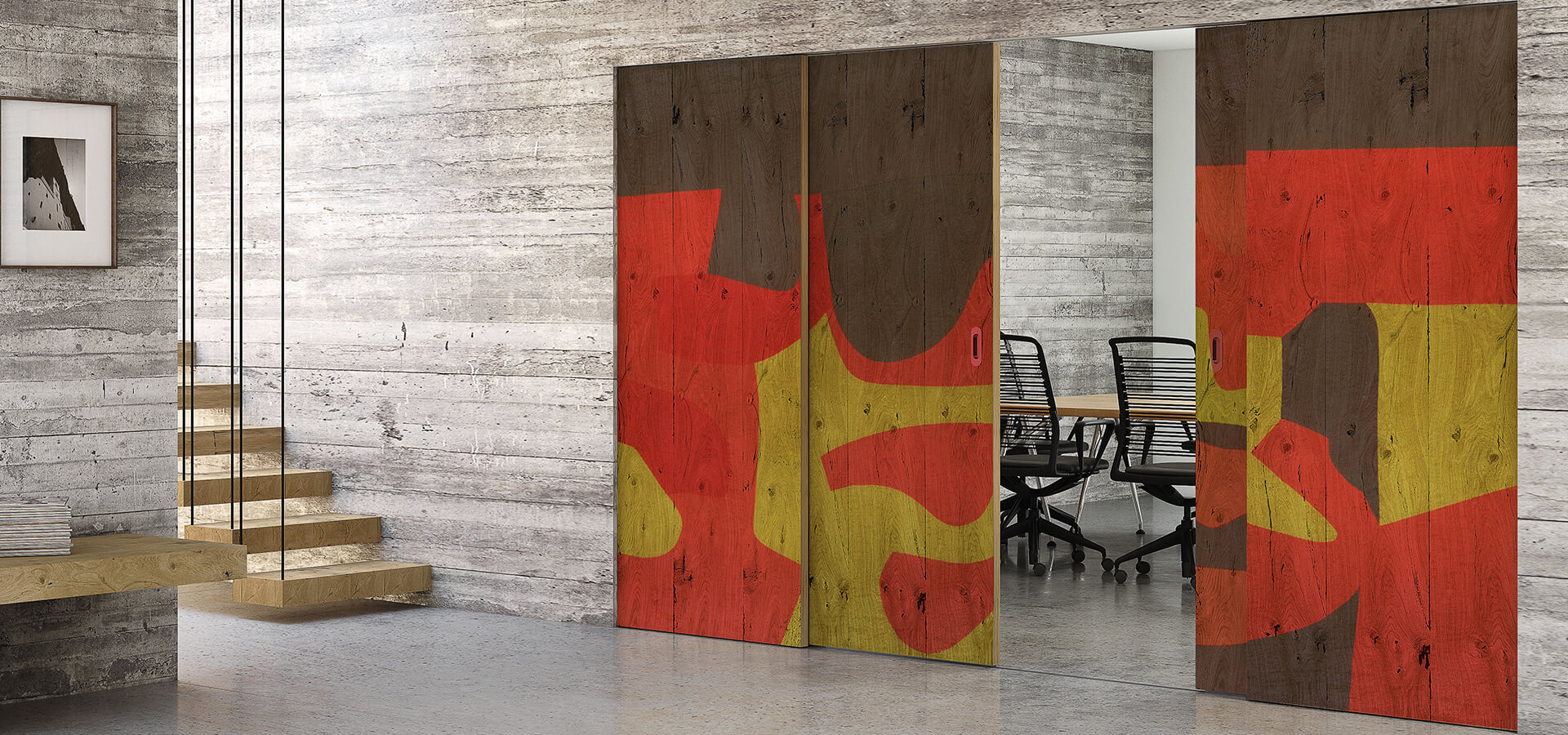 Wood sliding door personalized with abstract fantasy