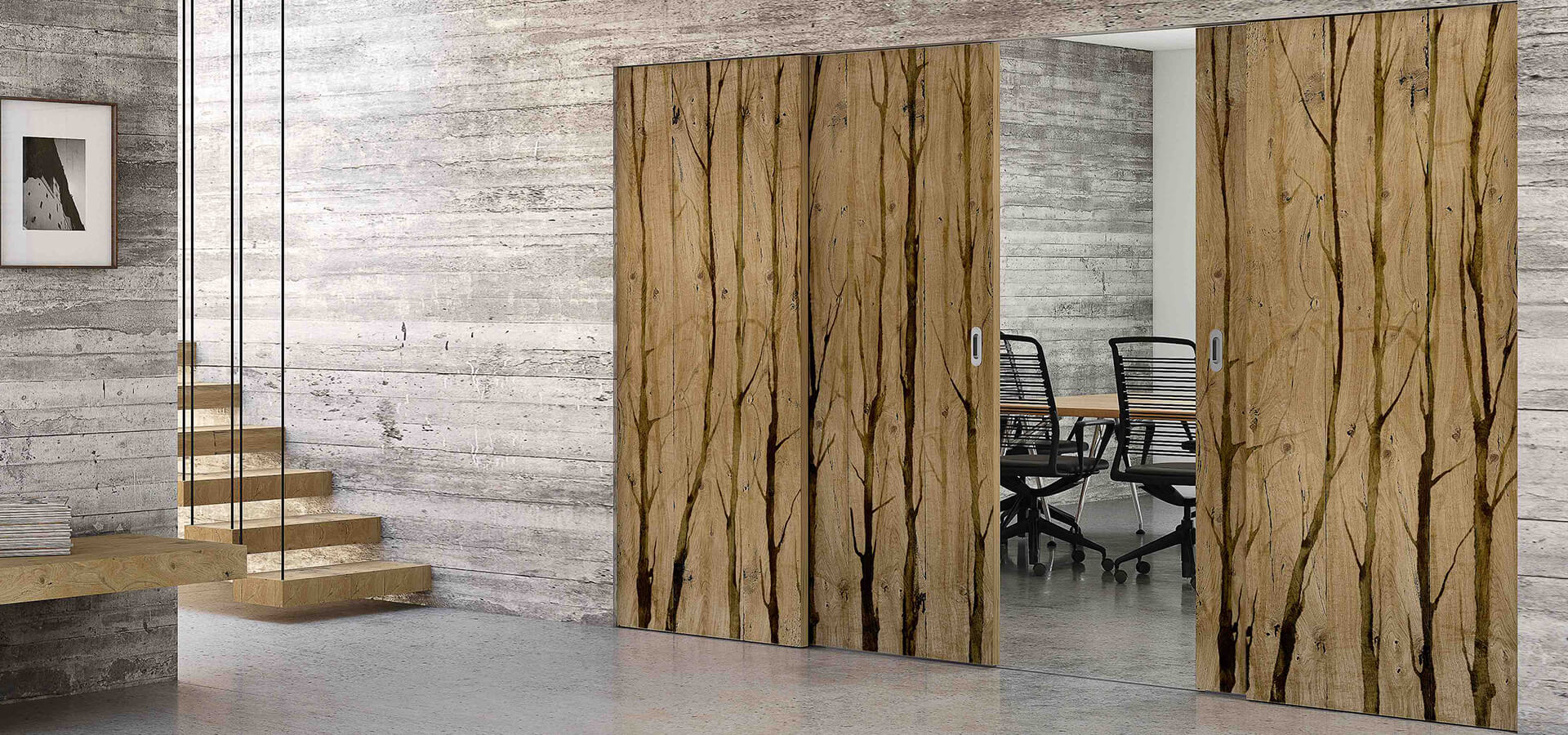 Porta ante scorrevoli in legno personalizzata fantasia alberi e rami